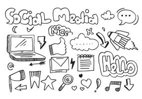 line art Doodle cartoon set of objects and symbols on the Social Media theme. vector