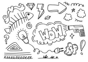 fish skeleton doodles, arrows, thunderbolt, diamonds, light bulbs and other elements isolated on a white background. vector