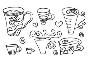 Hand drawn coffee cup with smoke set and heart. Minimalist sketch doodle for cafe. Sketched teacup art icon, hand drawn cups of different designs. vector