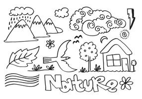 nature typography with hand drawn hills, birds, leaves, clouds, water and other elements. Web banner for other elements of nature. vector