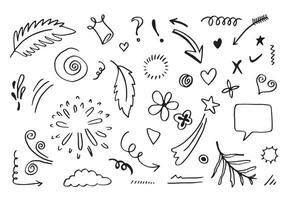 Hand drawn set elements, black on white background. Arrow, heart, love, star, leaf, sun, light, flower, crown, king, queen,Swishes, swoops, emphasis ,swirl, heart, for concept design. vector