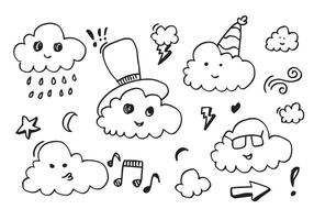 hand drawn kawaii clouds doodle cartoon designs for wallpaper, stickers, coloring books, pins, emblems Isolated on white background. vector