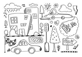 Hand drawn sketch of house, car, trees, clouds and city isolated on white background. vector