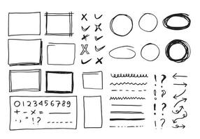 Doodle lines and curves.Hand drawn check and arrows signs. Set of simple doodle lines, curves, frames and spots. Collection of pencil effects. Doodle border. Simple doodle set. vector