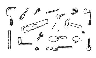 Working construction tools doodles collection on white background, vector