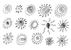 Funny doodle suns. Hand drawn set isolated on white background. vector