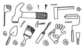 Working construction tools doodles collection on white background, vector