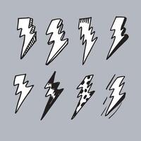 set of hand drawn doodle electric lightning bolt symbol sketch illustrations. thunder symbol doodle icon. vector