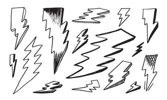 set of hand drawn doodle electric lightning bolt symbol sketch illustrations. thunder symbol doodle icon. vector