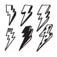 set of hand drawn doodle electric lightning bolt symbol sketch illustrations. thunder symbol doodle icon. vector