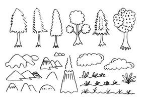 conjunto de garabatos de árboles, nubes, césped y montañas. vector