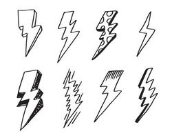 set of hand drawn doodle electric lightning bolt symbol sketch illustrations. thunder symbol doodle icon. vector