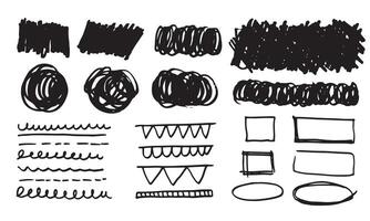 Various hand drawn arrows and shapes, black sketchy lines, curves, doodle, brush stroke style. Abstract set on white background. vector