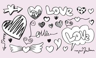hand drawn doodles set for Valentine's Day. collection of beautiful hearts and writings Love on pink background. vector