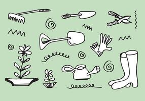 Hand drawn garden tools, Spring gardening, sketch, plant. vector