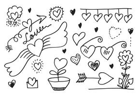 hand drawn doodles set for Valentine's Day. collection of beautiful hearts and writings Love on pink background. vector