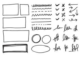 Doodle lines and curves.Hand drawn check and arrows signs. Set of simple doodle lines, curves, frames and spots. Collection of pencil effects. Doodle border. Simple doodle set. vector