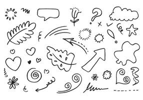 leaves, hearts, abstract, ribbons, arrows and other elements in hand drawn styles for concept designs. Doodle illustration. template for decoration vector