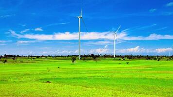 aéreo Visão do uma vento turbina Fazenda com arroz arrozais e uma lindo céu video