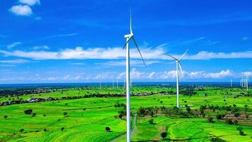 antenne visie van een wind turbine boerderij met rijst- rijstvelden en een mooi lucht video