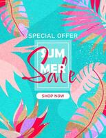 Summer discount, vertical poster with tropical elements. vector