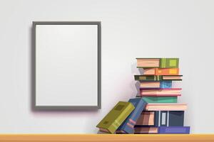 stack of colorful books near white wall vector