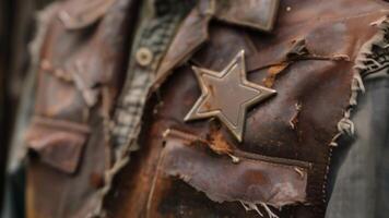 A rusted tarnished sheriffs star badge hanging off a frayed leather vest 2d flat cartoon video