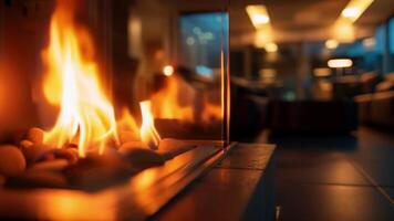 The crackling flames of a sleek fireplace dancing behind a transparent glass enclosure. video