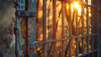 de western zonsondergang afgietsels diep schaduwen door de bewerkt ijzer bars van de verlaten gevangenis haar houten deuren lang sinds vervallen. 2d vlak tekenfilm video