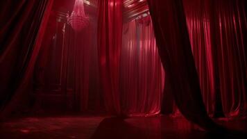 The room is filled with deep red velvet ds casting an eerie glow as they sway in the gentle breeze. 2d flat cartoon video