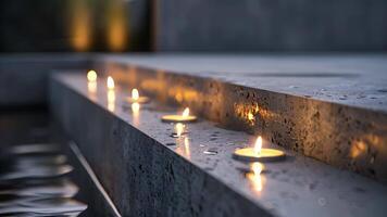 The warm and inviting glow of the candles reflects beautifully off the cool tones of the concrete creating a harmonious and inviting atmosphere. video