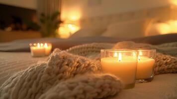 The gentle warmth of the candles invites you to curl up in the plush bed and relax. video