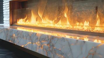 The flickering flames dance behind the glass doors of the fireplace while the marble surround reflects the light creating a mesmerizing display. video