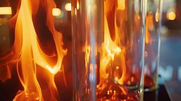 a Claro vidro colunas estão estourando com vibrante chamas fornecendo uma caloroso e acolhedor atmosfera para a espaço. video