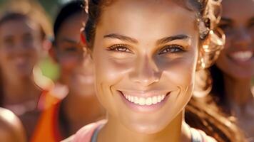 A portrait captures a fitness advocate leading a group of individuals through a vigorous workout her face alight with enthusiasm and encouragement. As a dietitian she not only guides video