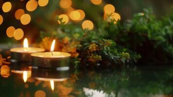 el calentar resplandor de el velas emitir un fascinante reflexión en el rodeando verdor. video