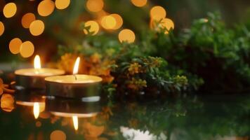 The warm glow of the candles cast a mesmerizing reflection on the surrounding greenery. video