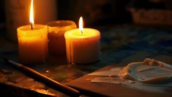 il morbido caldo leggero di il candele getto un' d'oro splendore su il artisti tela e Strumenti. video