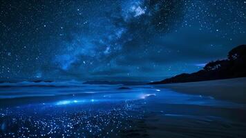 estrelas dança dentro a céu acima enquanto a bioluminescente de praia abaixo brilha dentro a etéreo azul matiz. video