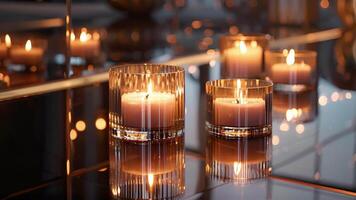 Set atop a mirrored surface these candles reflect and amplify their warm glow creating a sense of depth and sophistication. video