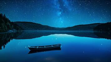 el todavía y como espejo superficie de un tranquilo lago refleja un estrellado noche cielo ofrecimiento el último fondo para un pacífico noche de estudio de las estrellas y profundo dormir. video