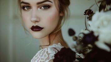 The brides smoky eye makeup and dark berry lips complementing her pale skin and adding to the gothic aesthetic of the wedding. 2d flat cartoon video