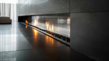 The suspended hearths sleek polished finish reflects the fire creating an ethereal atmosphere. video