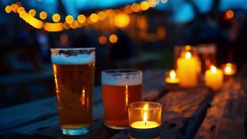 el mágico atmósfera creado por el combinación de luz de una vela y fuego pozo haciendo esta al aire libre cerveza saboreo evento uno a recordar. video
