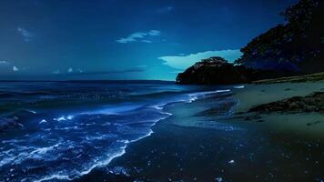 il misterioso bellezza di il bioluminescente spiaggia è accresciuto sotto il copertina di il mezzanotte cielo disegno visitatori nel per Esplorare. video