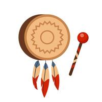 Tambourine of american indians, decorated with feathers. vector