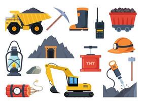 minería carbón industria iconos, colocar. herramientas y equipo para fabricar, camión y mío, mineral combustible, minero símbolo, señales de maquinaria y vertedero. ilustración. vector