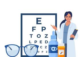 Ophthalmology icon composition. Glasses, eye drops, contact lenses, test table with letters for eye examination. Vision correction. Ophthalmology concept. vector