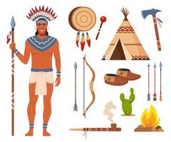 nativo americano indios y tradicional ropa colocar, armas y cultural simbolos arco, flechas, pandereta, tienda india, mocasines, tomahawk, paz tubo. vector