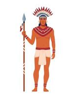 Native american indian in traditional indian clothing with a spear. vector